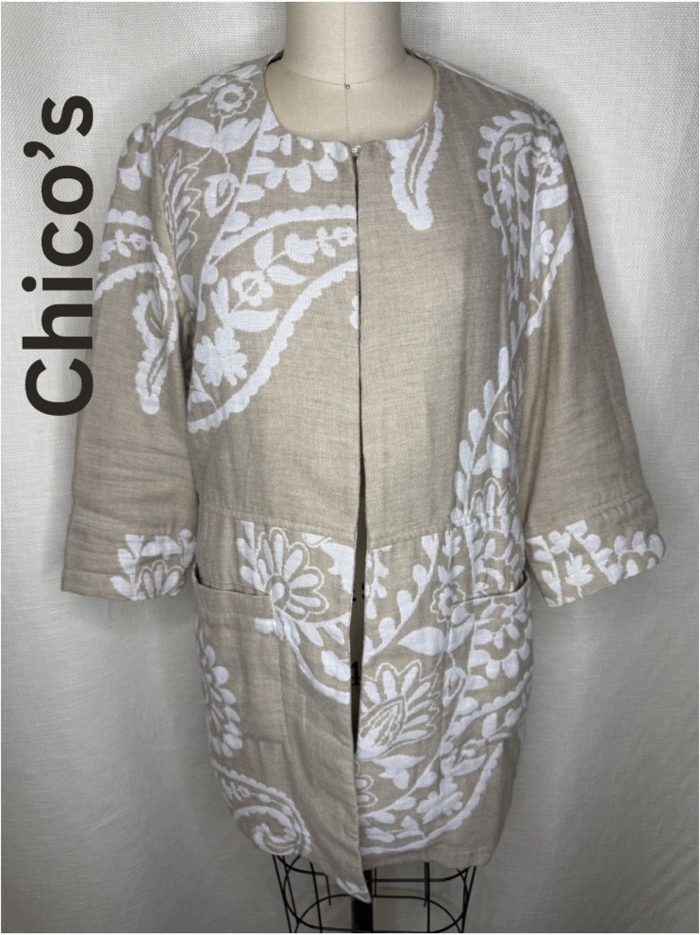 Chico’s Size 1 Linen Blend Jacket Neutral Floral Open Front Lightweight
